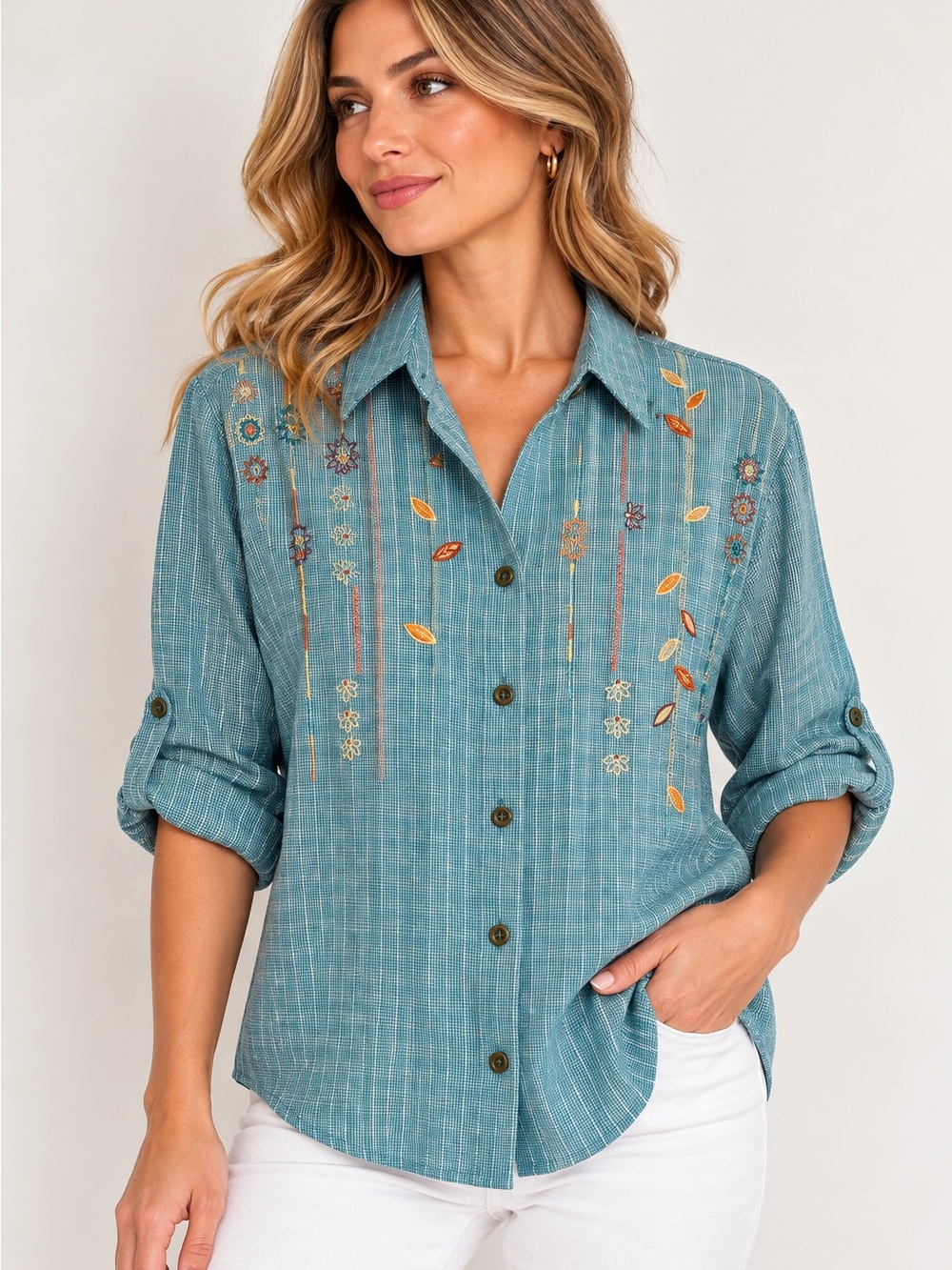Koret Petites Women's Small Teal Embroidered Button Up Shirt Roll Tab Sleeves